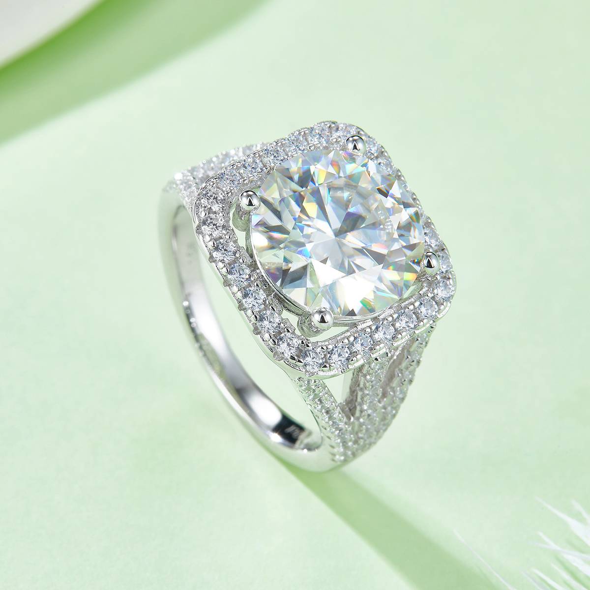 Classic square bag S925 silver plated platinum moissanite diamond women's ring 5.0 carats D-class
